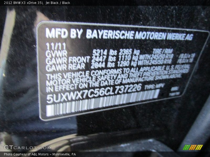 Jet Black / Black 2012 BMW X3 xDrive 35i