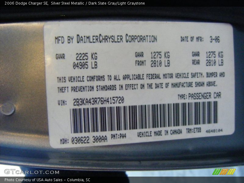 Silver Steel Metallic / Dark Slate Gray/Light Graystone 2006 Dodge Charger SE