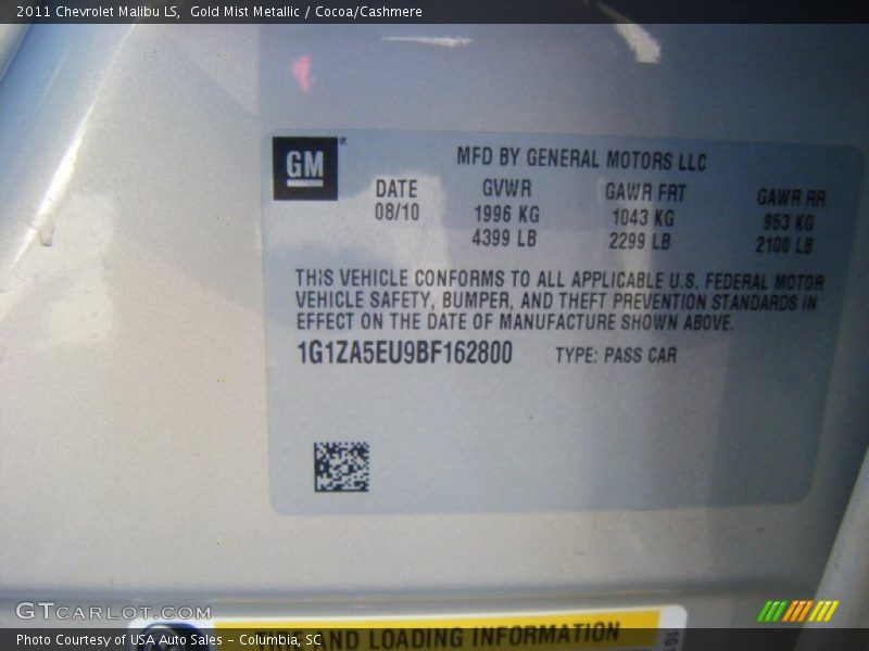 Gold Mist Metallic / Cocoa/Cashmere 2011 Chevrolet Malibu LS