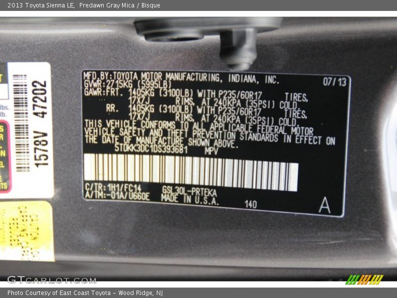 Predawn Gray Mica / Bisque 2013 Toyota Sienna LE