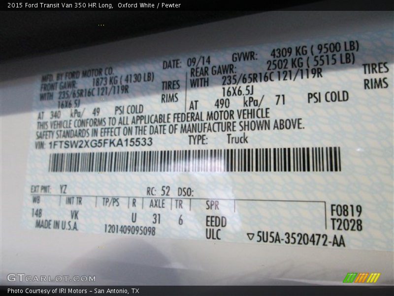 2015 Transit Van 350 HR Long Oxford White Color Code YZ