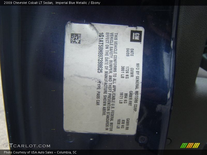 Imperial Blue Metallic / Ebony 2009 Chevrolet Cobalt LT Sedan