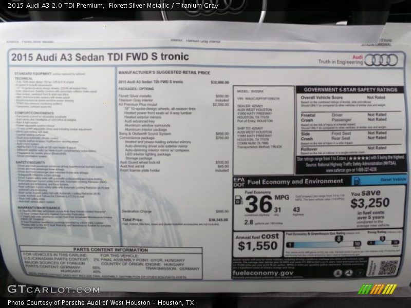  2015 A3 2.0 TDI Premium Window Sticker