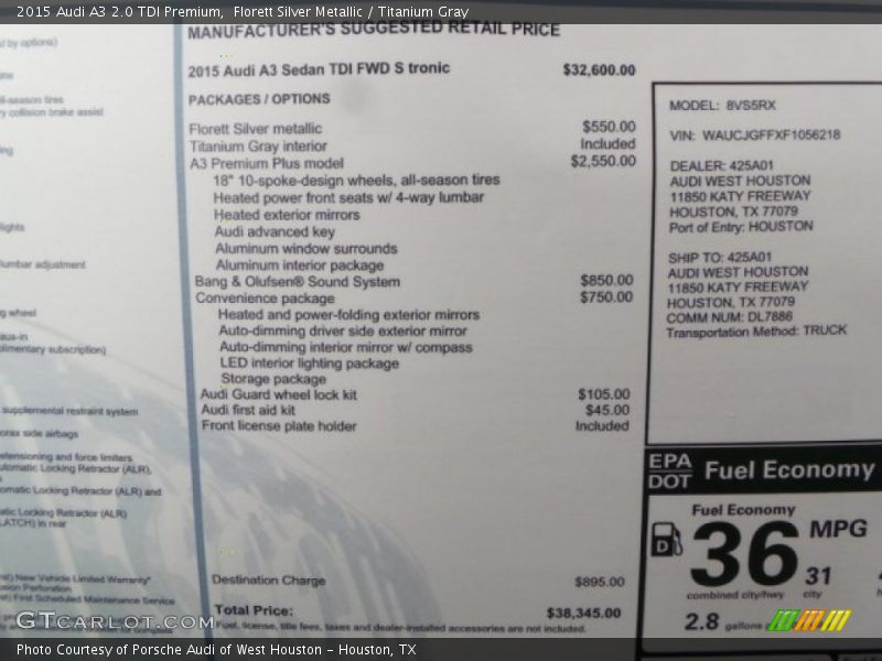  2015 A3 2.0 TDI Premium Window Sticker