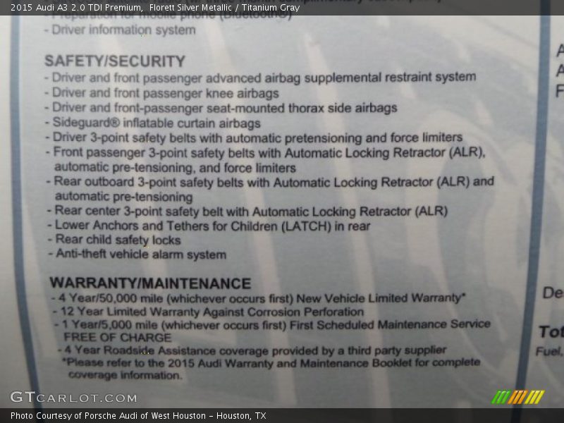  2015 A3 2.0 TDI Premium Window Sticker