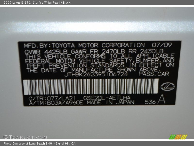 Starfire White Pearl / Black 2009 Lexus IS 250