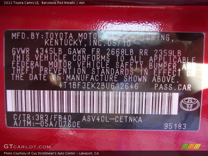 Barcelona Red Metallic / Ash 2011 Toyota Camry LE