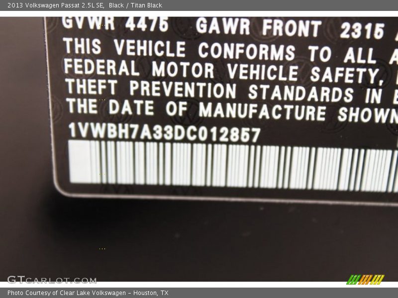 Black / Titan Black 2013 Volkswagen Passat 2.5L SE