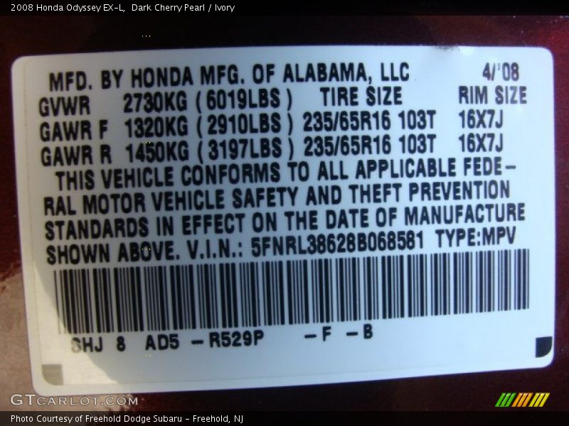 Dark Cherry Pearl / Ivory 2008 Honda Odyssey EX-L