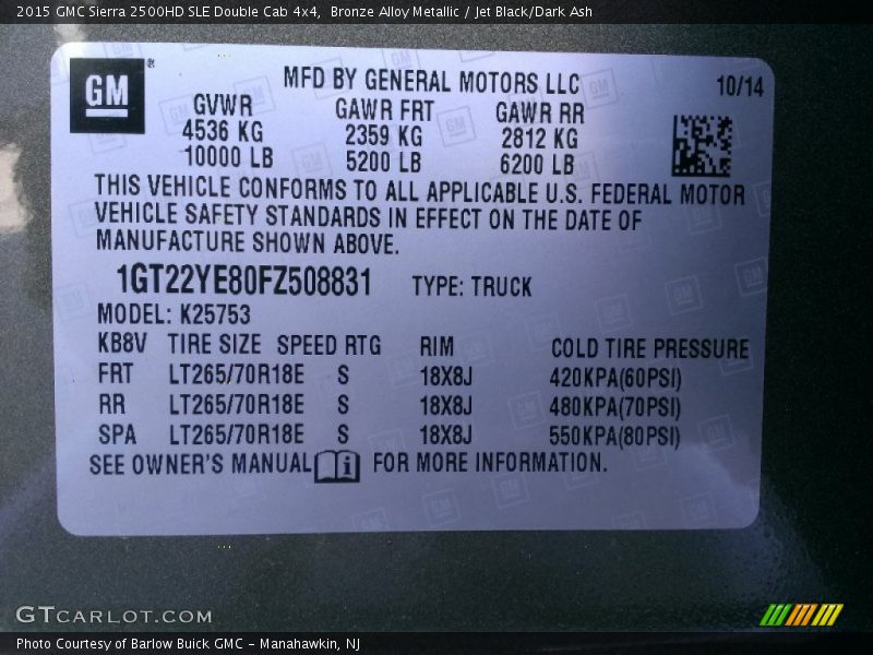 Info Tag of 2015 Sierra 2500HD SLE Double Cab 4x4