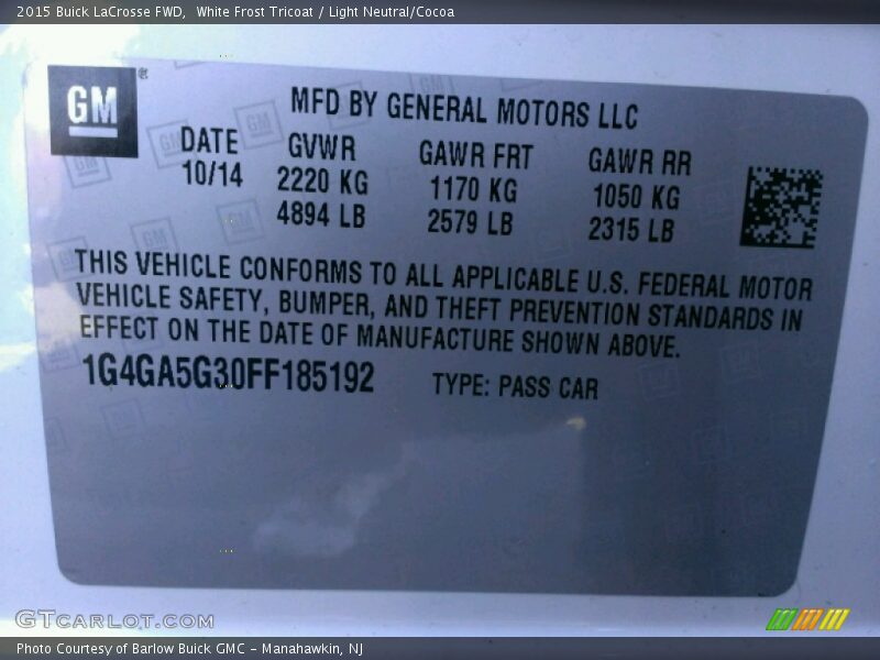 White Frost Tricoat / Light Neutral/Cocoa 2015 Buick LaCrosse FWD