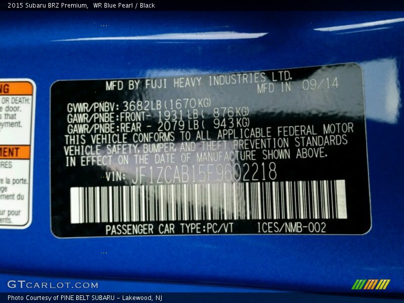 WR Blue Pearl / Black 2015 Subaru BRZ Premium