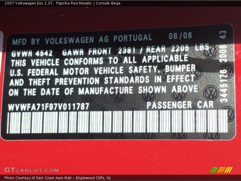 Paprika Red Metallic / Cornsilk Beige 2007 Volkswagen Eos 2.0T