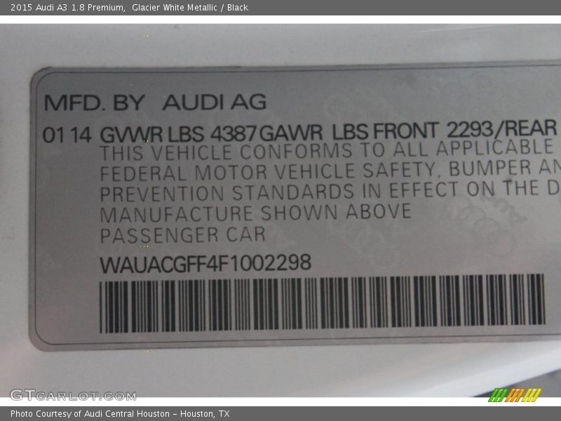 Glacier White Metallic / Black 2015 Audi A3 1.8 Premium