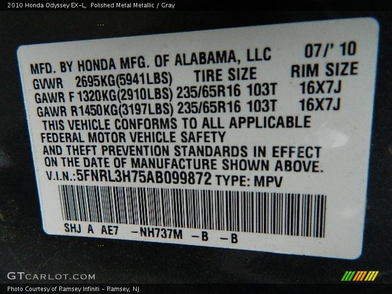 Polished Metal Metallic / Gray 2010 Honda Odyssey EX-L