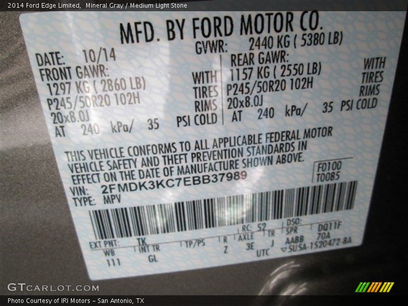Mineral Gray / Medium Light Stone 2014 Ford Edge Limited