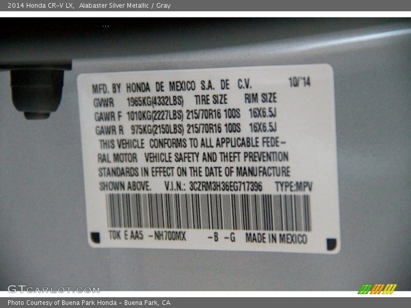 Alabaster Silver Metallic / Gray 2014 Honda CR-V LX