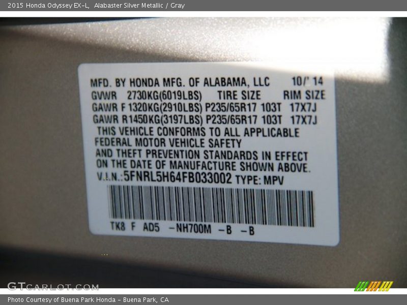 Alabaster Silver Metallic / Gray 2015 Honda Odyssey EX-L