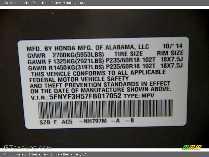 Modern Steel Metallic / Black 2015 Honda Pilot EX-L
