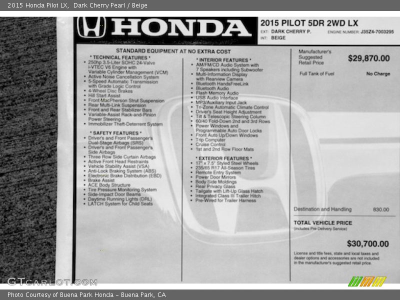 Dark Cherry Pearl / Beige 2015 Honda Pilot LX