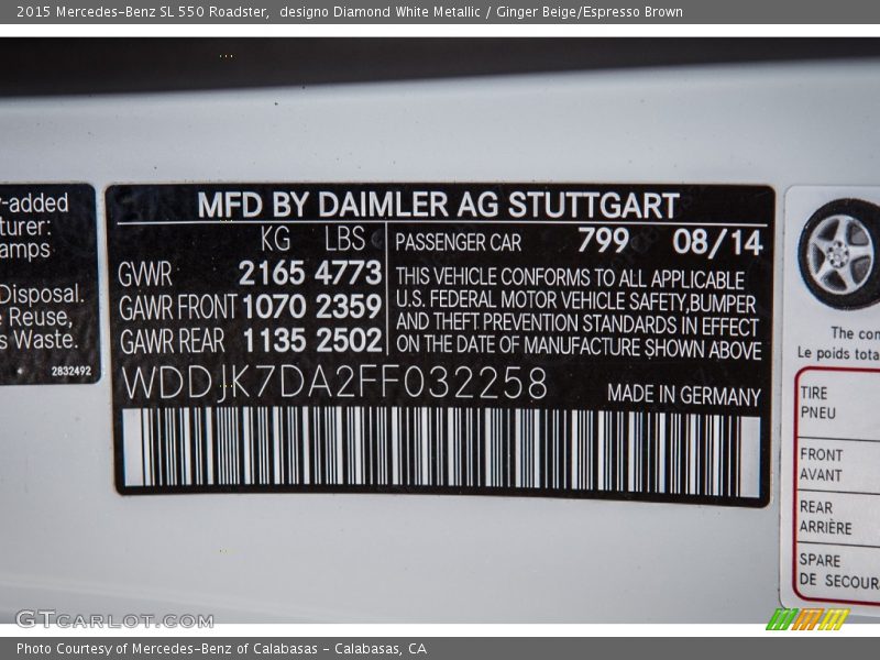 designo Diamond White Metallic / Ginger Beige/Espresso Brown 2015 Mercedes-Benz SL 550 Roadster