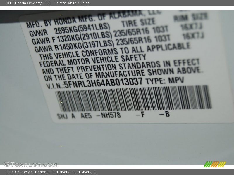 Taffeta White / Beige 2010 Honda Odyssey EX-L