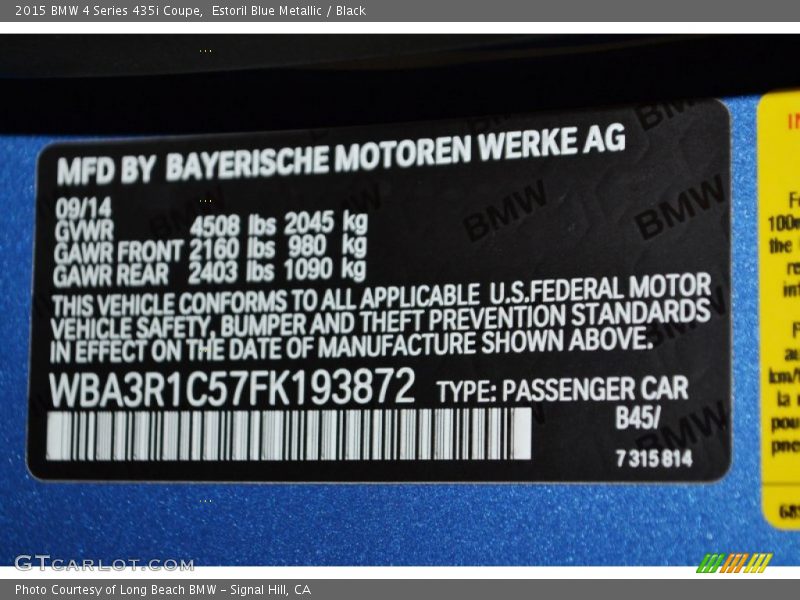 2015 4 Series 435i Coupe Estoril Blue Metallic Color Code B45