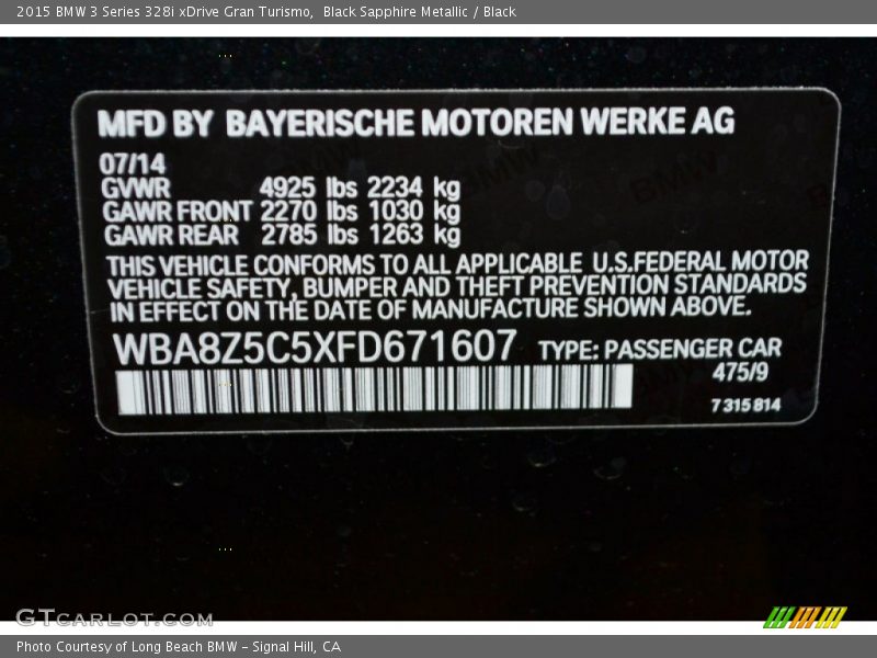 2015 3 Series 328i xDrive Gran Turismo Black Sapphire Metallic Color Code 475