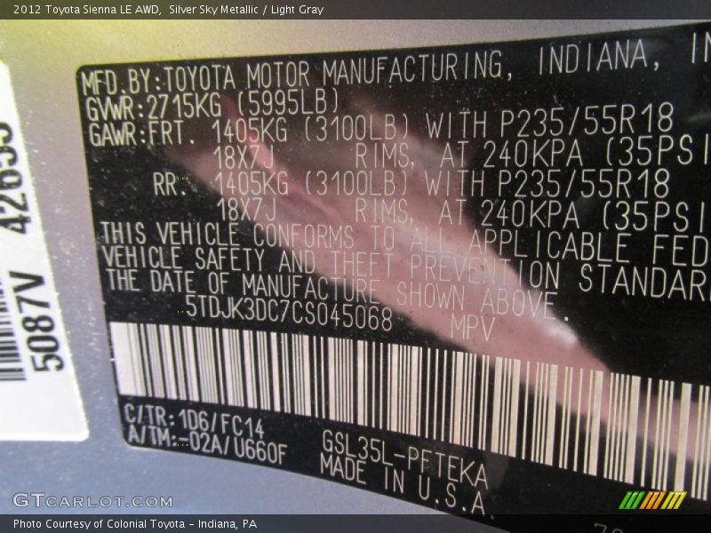 Silver Sky Metallic / Light Gray 2012 Toyota Sienna LE AWD