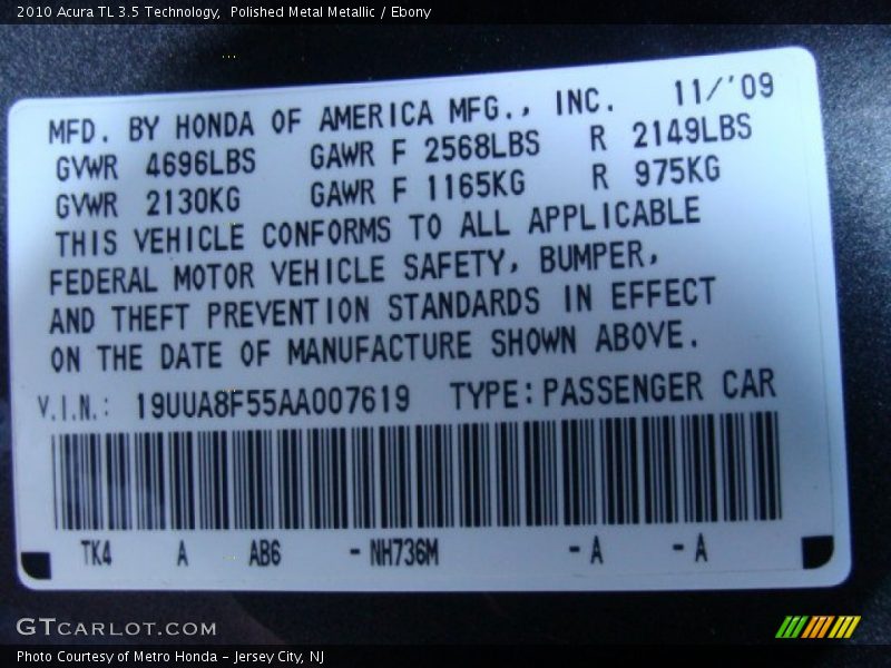 Polished Metal Metallic / Ebony 2010 Acura TL 3.5 Technology