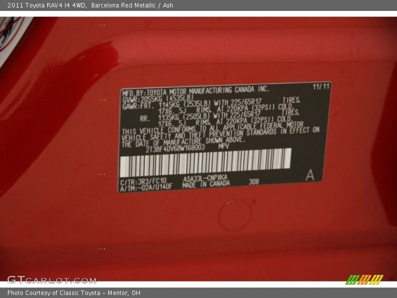 2011 RAV4 I4 4WD Barcelona Red Metallic Color Code 3R3