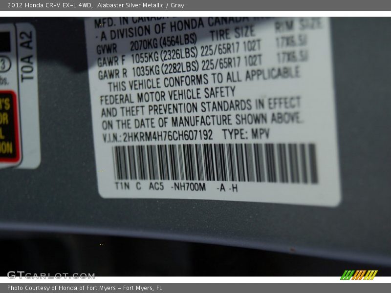 Alabaster Silver Metallic / Gray 2012 Honda CR-V EX-L 4WD