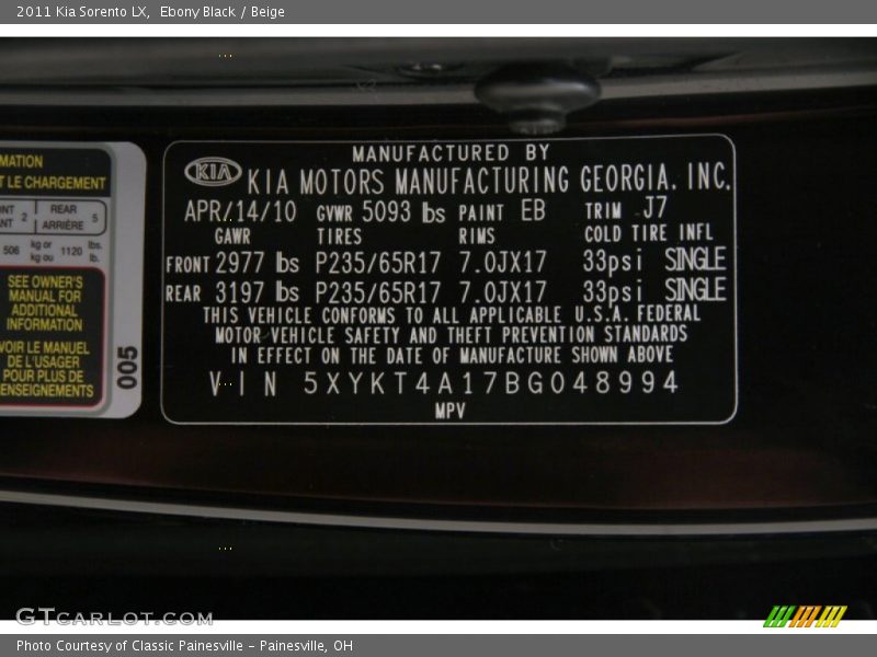 Ebony Black / Beige 2011 Kia Sorento LX