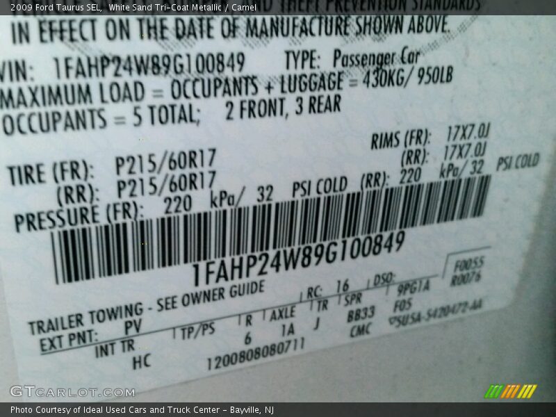 2009 Taurus SEL White Sand Tri-Coat Metallic Color Code PV