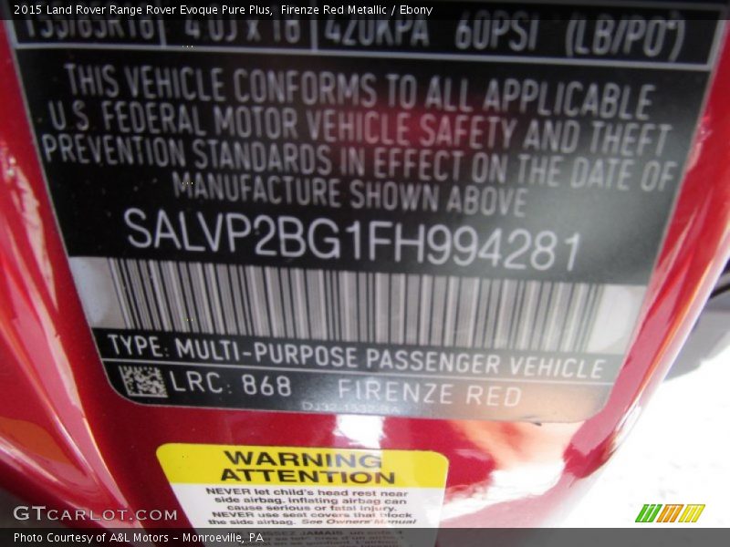 2015 Range Rover Evoque Pure Plus Firenze Red Metallic Color Code 868