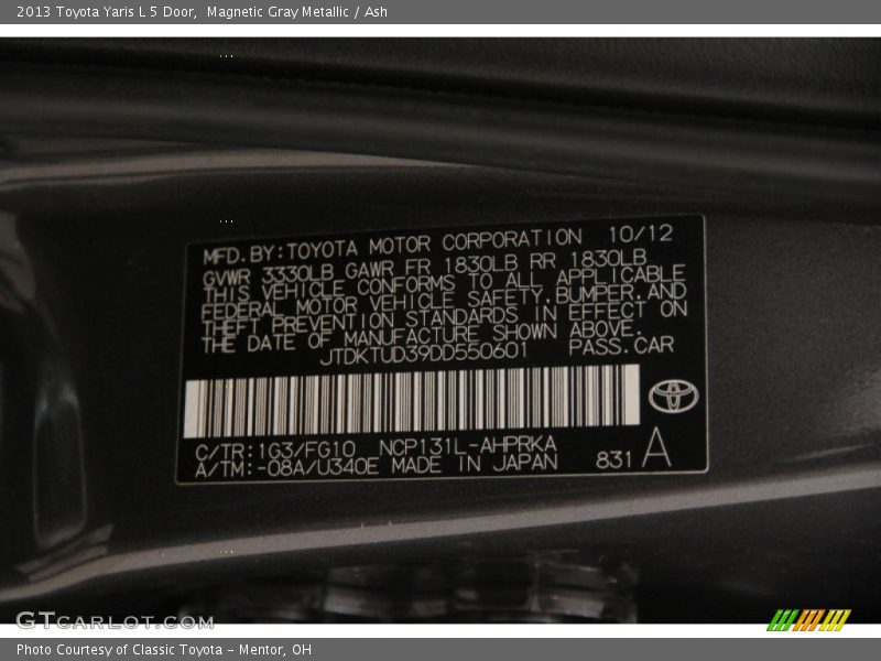 Magnetic Gray Metallic / Ash 2013 Toyota Yaris L 5 Door