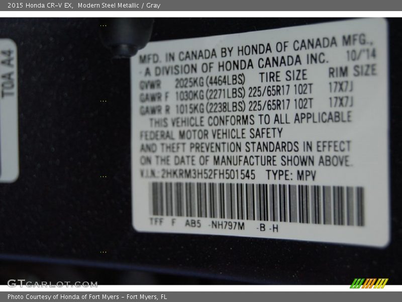 Modern Steel Metallic / Gray 2015 Honda CR-V EX