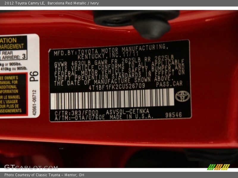 Barcelona Red Metallic / Ivory 2012 Toyota Camry LE