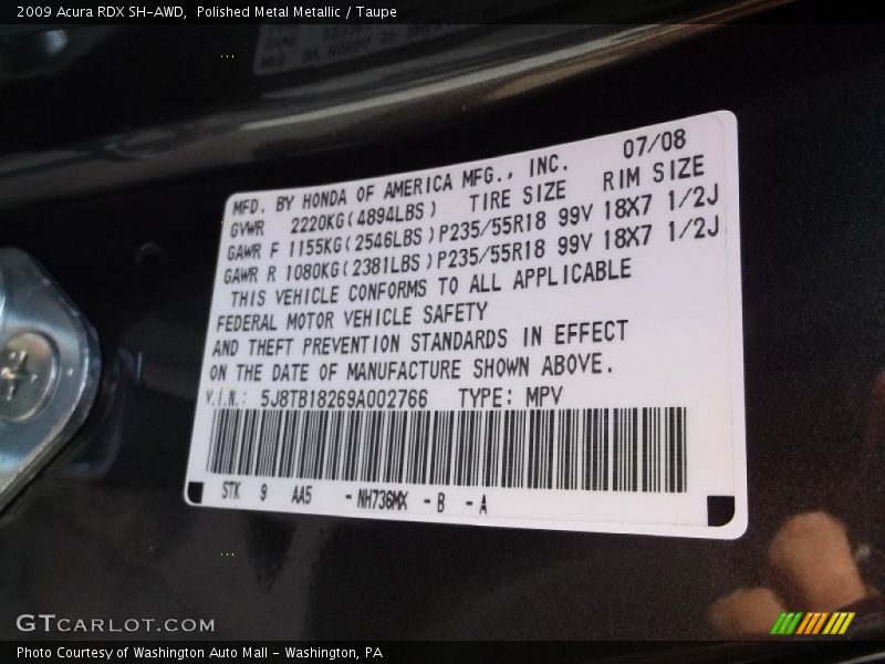 Polished Metal Metallic / Taupe 2009 Acura RDX SH-AWD