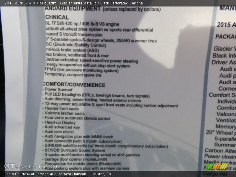 Glacier White Metallic / Black Perforated Valcona 2015 Audi S7 4.0 TFSI quattro