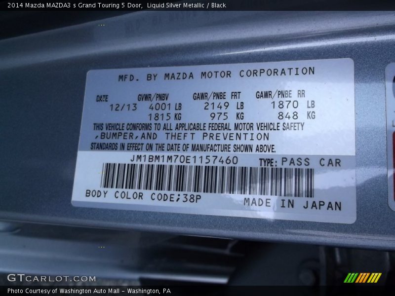 2014 MAZDA3 s Grand Touring 5 Door Liquid Silver Metallic Color Code 38P