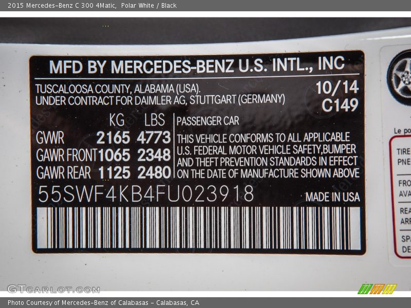Polar White / Black 2015 Mercedes-Benz C 300 4Matic