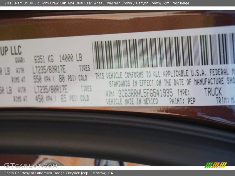 2015 3500 Big Horn Crew Cab 4x4 Dual Rear Wheel Western Brown Color Code PEP