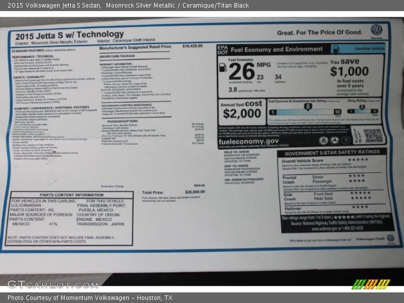  2015 Jetta S Sedan Window Sticker
