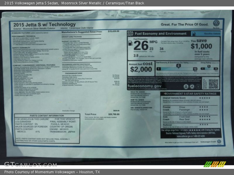  2015 Jetta S Sedan Window Sticker