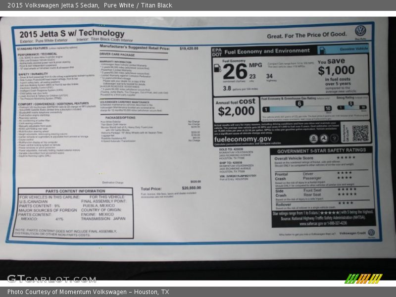  2015 Jetta S Sedan Window Sticker