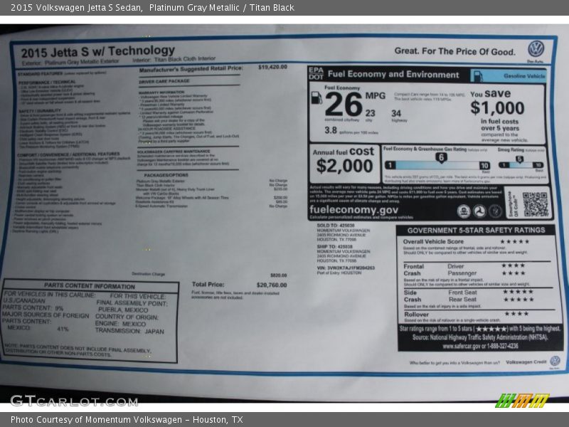 Platinum Gray Metallic / Titan Black 2015 Volkswagen Jetta S Sedan