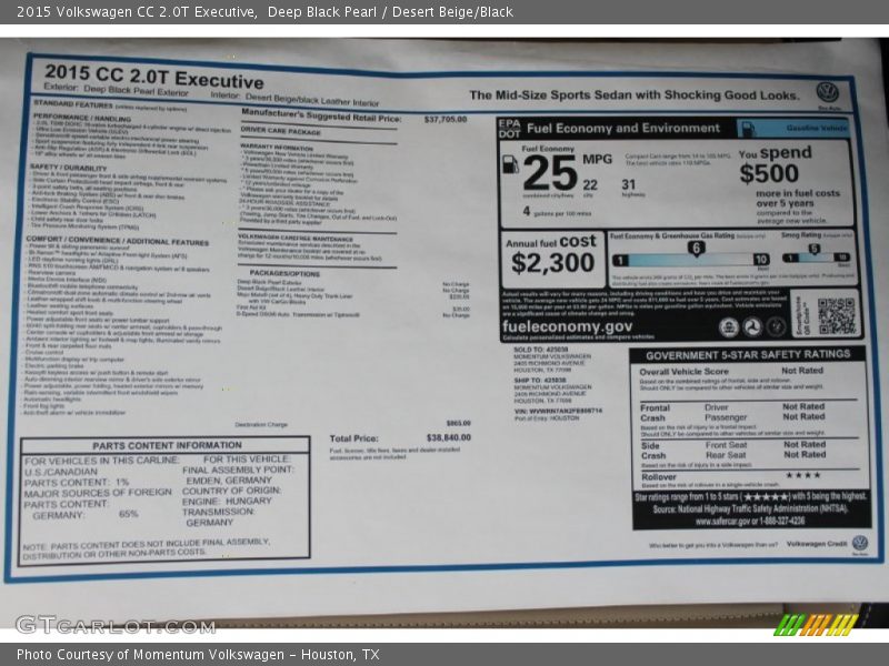  2015 CC 2.0T Executive Window Sticker