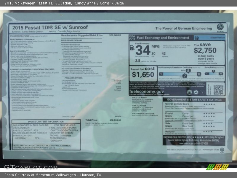 Candy White / Cornsilk Beige 2015 Volkswagen Passat TDI SE Sedan