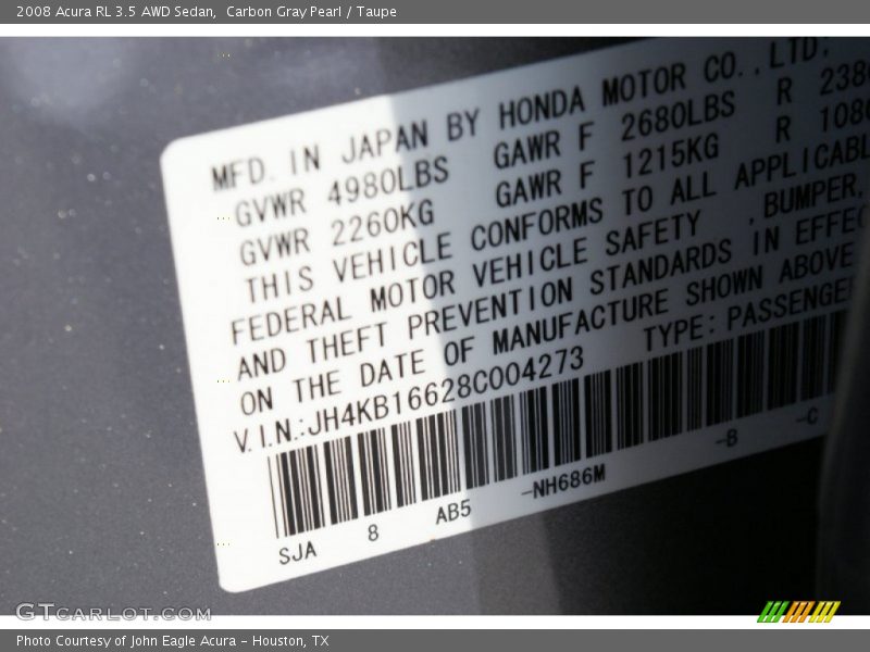 Carbon Gray Pearl / Taupe 2008 Acura RL 3.5 AWD Sedan